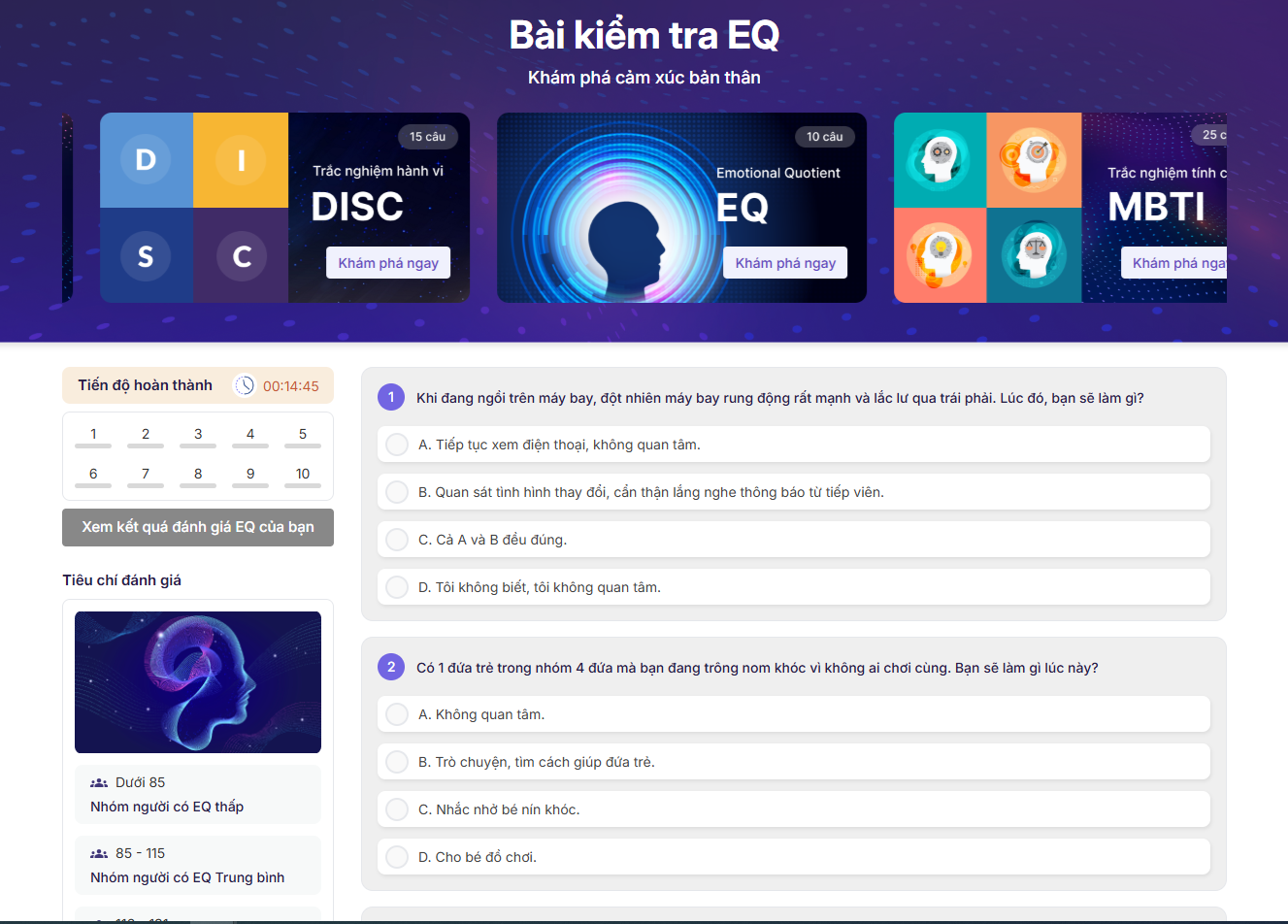 Giao diện bài trắc nghiệm EQ