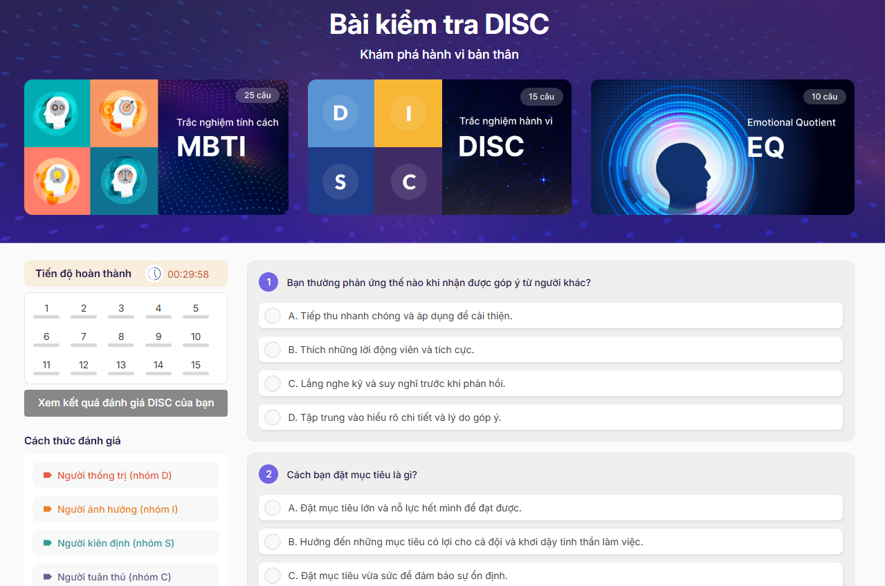 Giao diện bài trắc nghiệm DISC